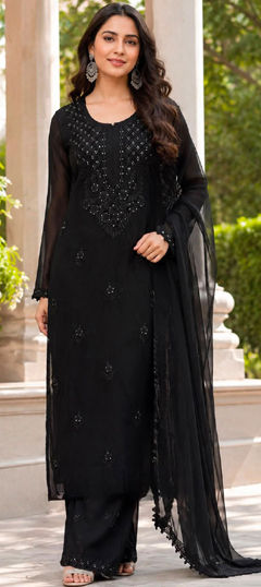 Black and Grey color Salwar Kameez in Faux Georgette fabric with Embroidered, Sequence work