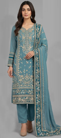 Blue color Salwar Kameez in Faux Georgette fabric with Embroidered, Sequence work