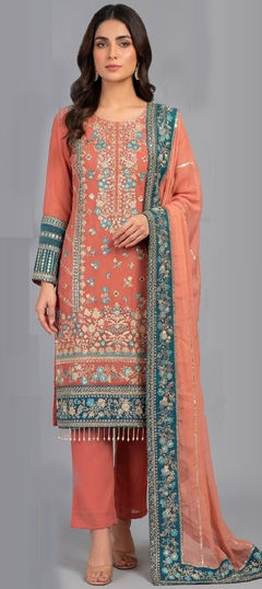 Pink and Majenta color Salwar Kameez in Faux Georgette fabric with Embroidered, Sequence work