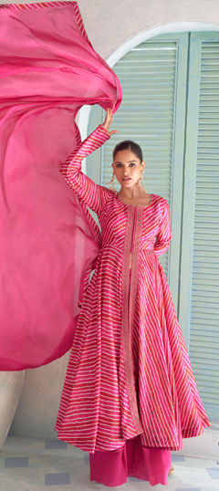 Pink and Majenta color Salwar Kameez in Chinon Silk fabric with Embroidered, Lehariya, Printed work