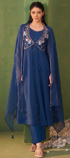 Blue color Salwar Kameez in Organza Silk fabric with Bugle Beads, Embroidered work