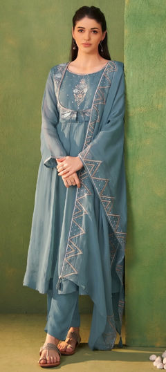 Blue color Salwar Kameez in Organza Silk fabric with Bugle Beads, Embroidered work