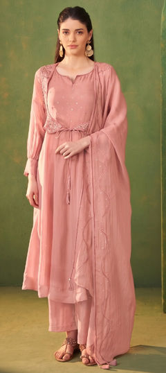 Pink and Majenta color Salwar Kameez in Organza Silk fabric with Bugle Beads, Embroidered work
