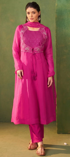 Pink and Majenta color Salwar Kameez in Organza Silk fabric with Bugle Beads, Embroidered work