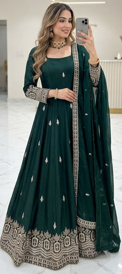 Green color Salwar Kameez in Chinon Silk fabric with Embroidered work
