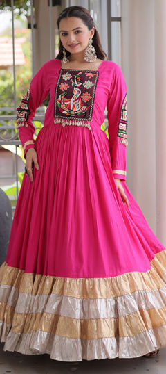 Pink and Majenta color Gown in Rayon fabric with Embroidered, Mirror, Patch work