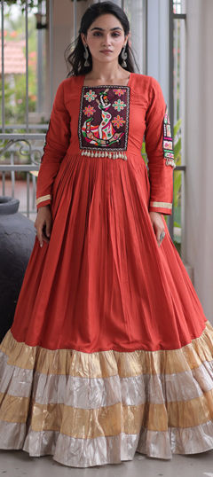 Beige and Brown color Gown in Rayon fabric with Embroidered, Mirror, Patch work