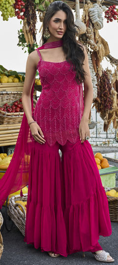 Pink and Majenta color Salwar Kameez in Georgette fabric with Bugle Beads, Embroidered work