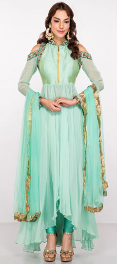 Green color Salwar Kameez in Georgette fabric with Lace, Zari work