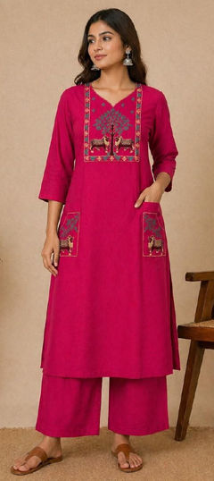 Pink and Majenta color Salwar Kameez in Cotton Slub fabric with Embroidered, Zari work