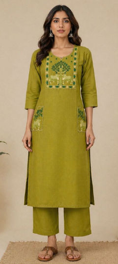 Green color Salwar Kameez in Cotton Slub fabric with Embroidered, Zari work