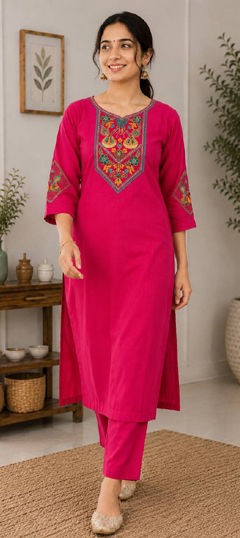 Pink and Majenta color Salwar Kameez in Blended Cotton fabric with Embroidered, Zari work