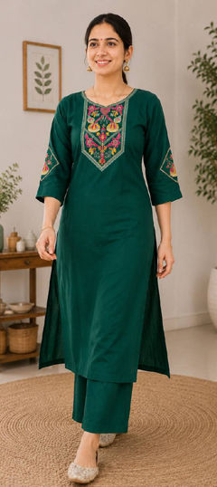 Green color Salwar Kameez in Blended Cotton fabric with Embroidered, Zari work