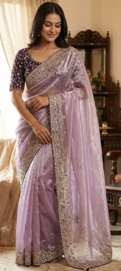 Purple and Violet color Readymade Saree in Tissue fabric with Sequence work