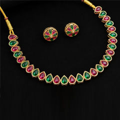 Gold Rodium Polish Green, Pink and Majenta color Necklace in Copper studded with CZ Diamond