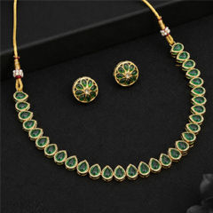 Gold Rodium Polish Green color Necklace in Copper studded with CZ Diamond