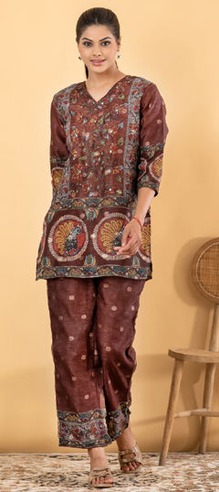 Beige and Brown color Salwar Kameez in Kota Doria fabric with Floral, Printed, Sequence work