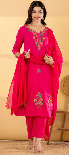 Pink and Majenta color Salwar Kameez in Cotton fabric with Embroidered, Sequence work