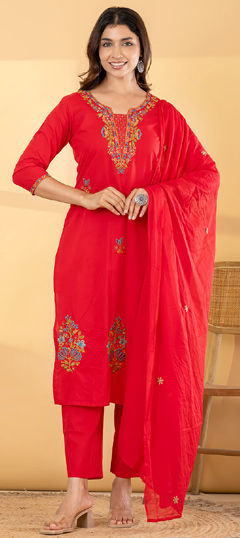 Red and Maroon color Salwar Kameez in Cotton fabric with Embroidered, Sequence work