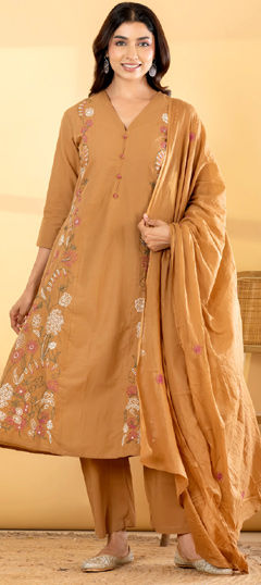 Beige and Brown color Salwar Kameez in Cotton fabric with Embroidered, Sequence work