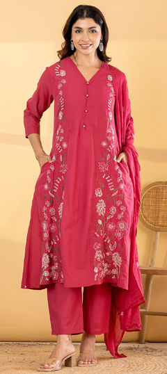 Pink and Majenta color Salwar Kameez in Cotton fabric with Embroidered, Sequence work