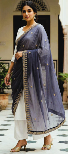 Blue color Dupatta in Organza Silk fabric with Embroidered work