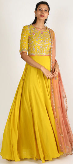 Yellow color Salwar Kameez in Georgette fabric with Embroidered work
