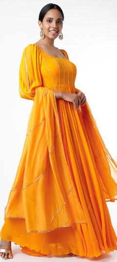 Orange, Yellow color Salwar Kameez in Georgette fabric with Cut Dana work