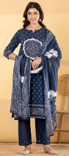 Blue color Salwar Kameez in Cotton fabric with Bandhej, Bugle Beads, Printed, Thread work