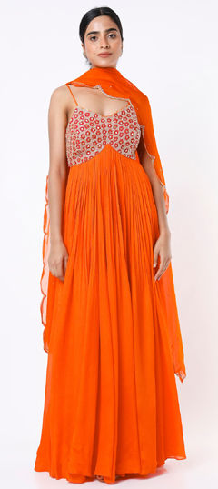 Orange color Salwar Kameez in Georgette fabric with Embroidered work
