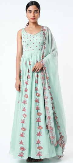 Blue color Salwar Kameez in Georgette fabric with Embroidered, Thread work