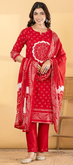 Red and Maroon color Salwar Kameez in Cotton fabric with Bandhej, Bugle Beads, Printed, Thread work