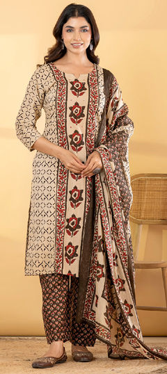 Beige and Brown color Salwar Kameez in Cotton fabric with Floral, Printed, Sequence, Thread work