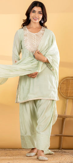 Green color Salwar Kameez in Mul Chanderi fabric with Embroidered, Patch, Sequence, Zari work