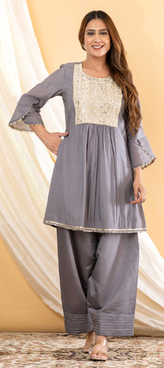 Black and Grey color Salwar Kameez in Mul Chanderi fabric with Bugle Beads, Mirror, Patch, Zari, Zircon work