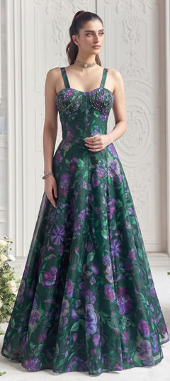 Green color Ready to Wear Lehenga in Organza Silk fabric with Floral, Printed, Sequence work