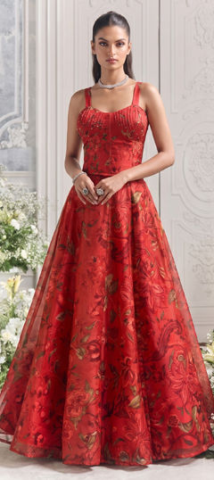 Red and Maroon color Ready to Wear Lehenga in Organza Silk fabric with Floral, Printed, Sequence work