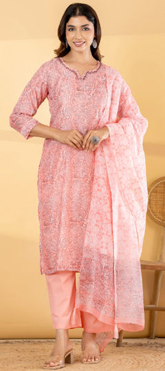 Pink and Majenta color Salwar Kameez in Mul Chanderi fabric with Floral, Printed work