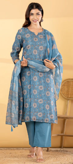 Blue color Salwar Kameez in Mul Chanderi fabric with Bugle Beads, Floral, Printed, Sequence work