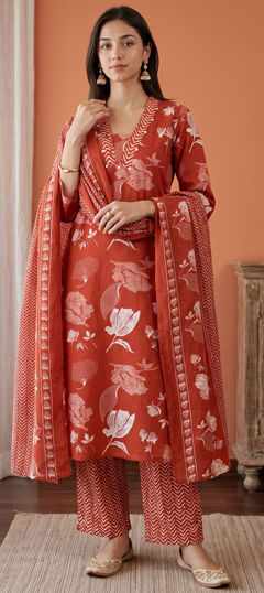 Beige and Brown color Salwar Kameez in Cotton fabric with Floral, Printed, Sequence work