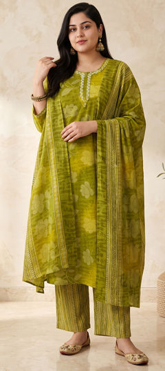 Green, Yellow color Salwar Kameez in Cotton fabric with Bandhej, Printed, Thread work