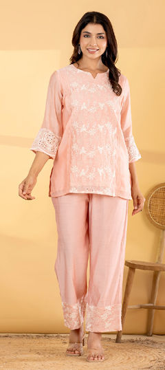 Pink and Majenta color Salwar Kameez in Mul Chanderi fabric with Embroidered work