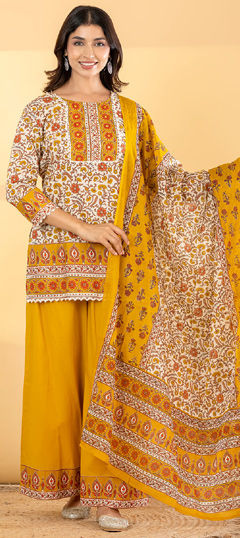 White and Off White, Yellow color Salwar Kameez in Cotton fabric with Floral, Mirror, Printed work