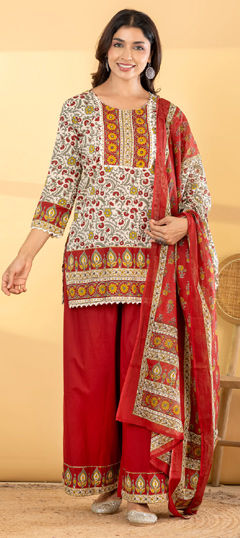 Green, White and Off White color Salwar Kameez in Cotton fabric with Floral, Mirror, Printed work