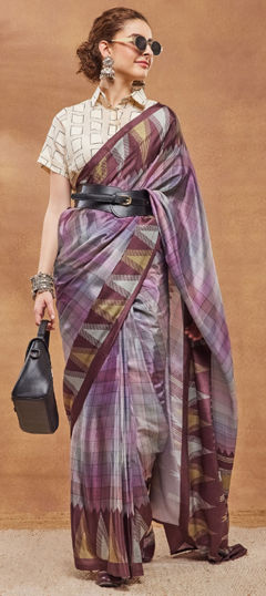 Purple and Violet color Readymade Saree in Satin Silk fabric with Printed work