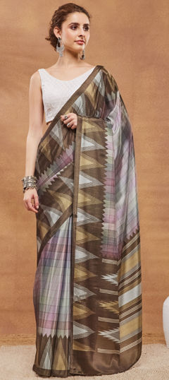 Beige and Brown color Readymade Saree in Satin Silk fabric with Printed work