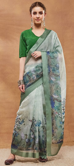 Green color Readymade Saree in Blended fabric with Printed work