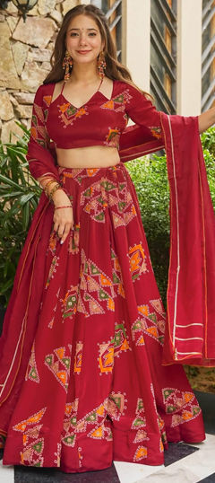 Red and Maroon color Ready to Wear Lehenga in Crepe Silk fabric with Digital Print, Floral work
