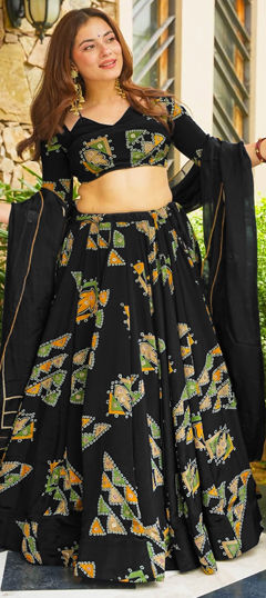 Black and Grey color Ready to Wear Lehenga in Crepe Silk fabric with Digital Print, Floral work