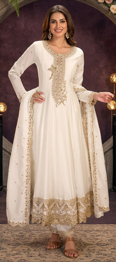 White and Off White color Salwar Kameez in Silk fabric with Embroidered, Sequence work